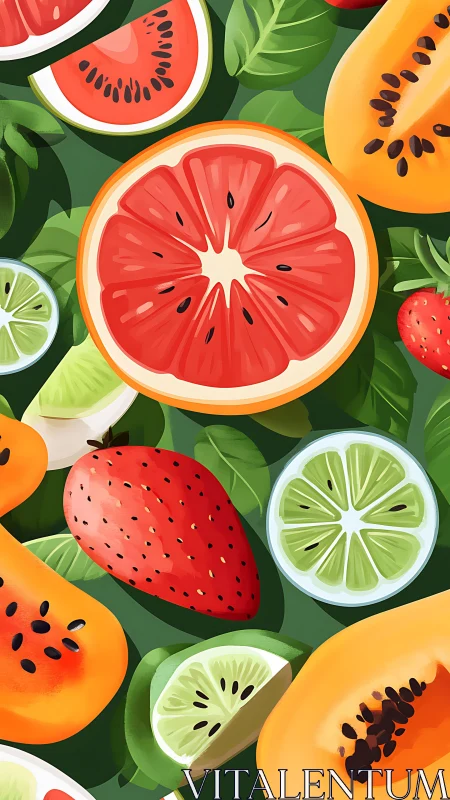 Digital painting of tropical citrus and berries composition.