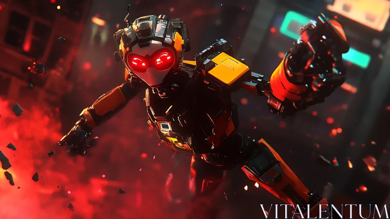 Combat mech with red visor dives through neon firestorm.