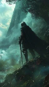 Armored knight on misty cliff edge with towering sword.