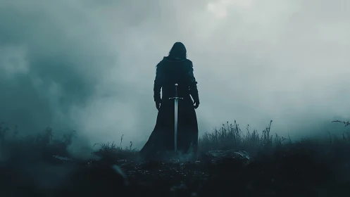 Cloaked figure with sword stands in foggy, desaturated field