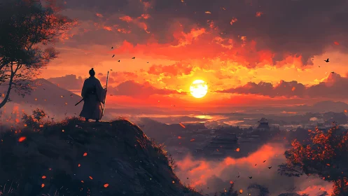 Lone samurai quietly greets a blazing sunset over distant town