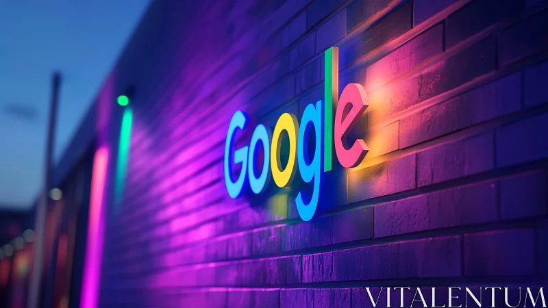 Google logo glows in neon colors on a sleek brick wall.