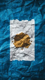 Crumpled blue paper background with white panel and gold emblem
