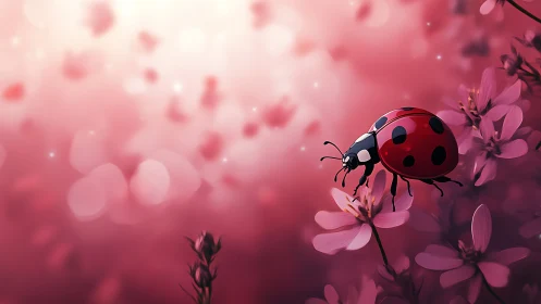 Crimson dawn escorting a glossy ladybug through petals.