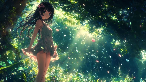 Anime forest girl in dappled light atmospheric composition.