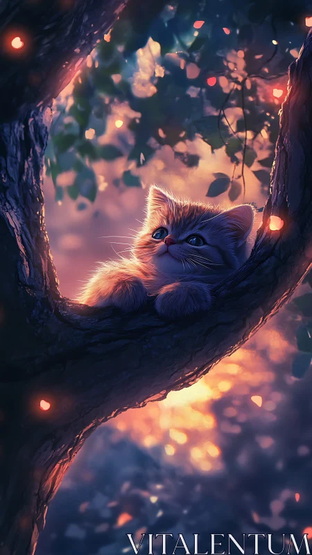 Luminescent Feline in Hollow Tree with Bokeh Firefly Ambient Lighting