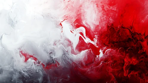Crimson and white ink clouds swirl in a dramatic abstract field
