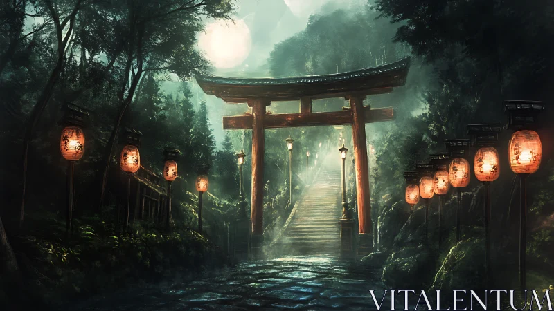 Moonlit torii gateway with lantern-lit stone stairway path.