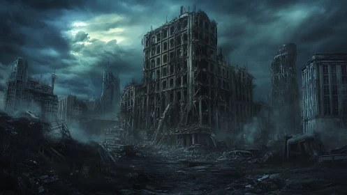 Digital painting of post-apocalyptic urban ruins under storm clouds.