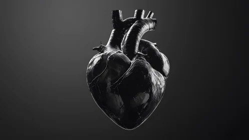 Black Anatomical Heart on Dark Background, Modern Digital Art.