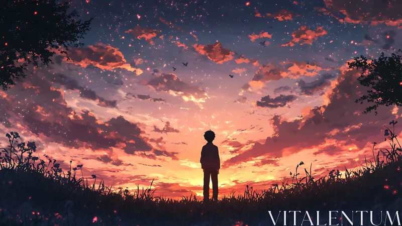 Silhouetted figure observing vivid orange and violet sunset.