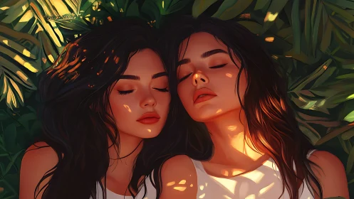 Sunlit twins resting beneath lush tropical foliage canopy.