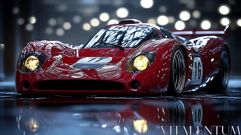 Sleek red race car glowing under soft city lights.