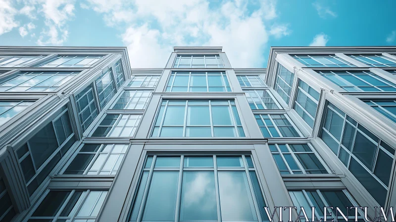 Modern glass curtain wall facade rendered in low-angle symmetry