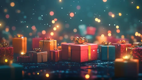 Festive gift boxes glow amid dreamy holiday bokeh lights.