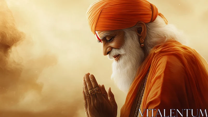 Elderly holy man in orange robes in prayerful profile.