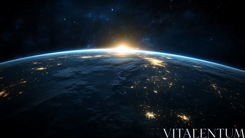 Orbital sunrise over Earth with illuminated city nightscape