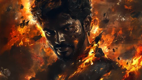 Intense male portrait engulfed in swirling digital flames.