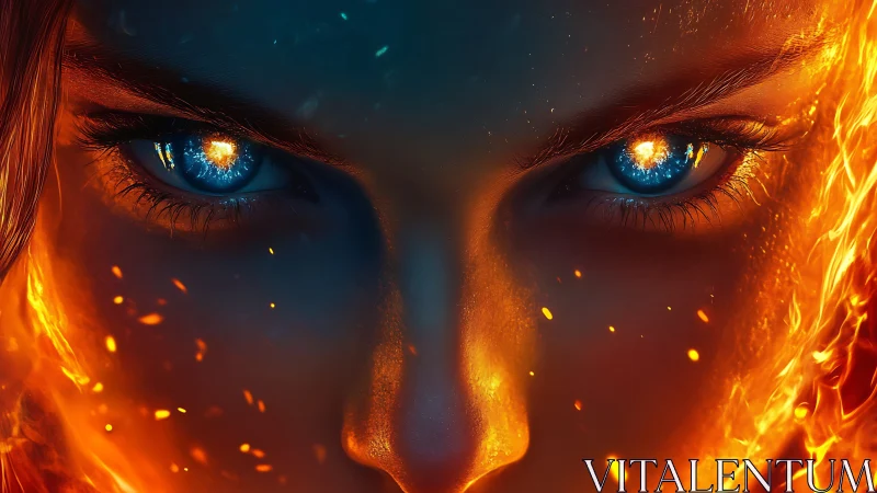 Elemental gaze with intense blue eyes and molten fire glow.