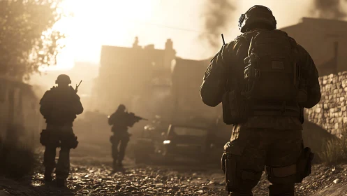 Backlit soldiers advancing through war-torn urban street.