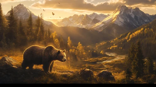 Golden mountain valley welcomes a peaceful wandering bear