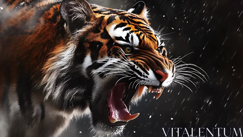 Roaring tiger in the rain shares raw power and wild grace