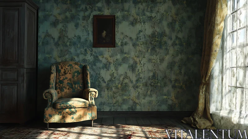 Sunlit vintage armchair in a quiet, dust-laden sitting room.