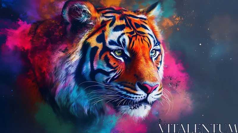 High-saturation digital tiger portrait with nebular color dispersion