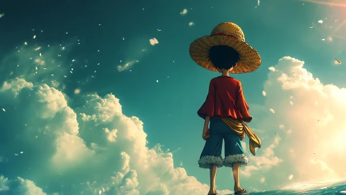 Dreaming traveler in a straw hat gazing toward bright skies.