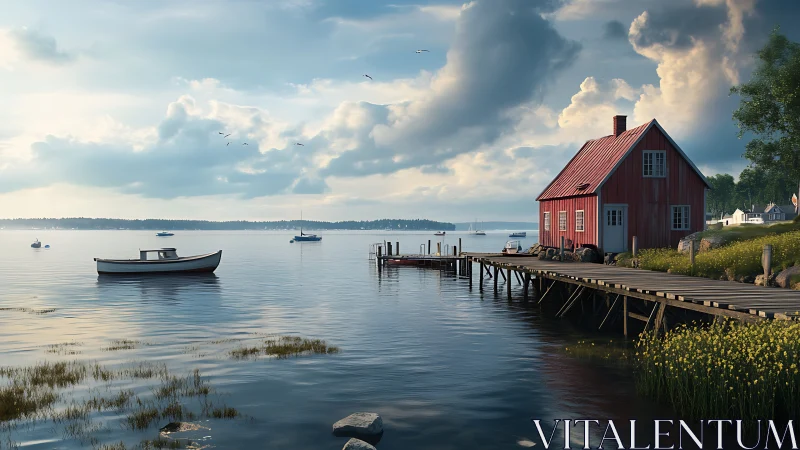 Red Boathouse on Serene Coastal Bay with Moored Boats