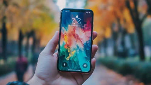 Hand holds smartphone displaying lock screen in outdoor scene