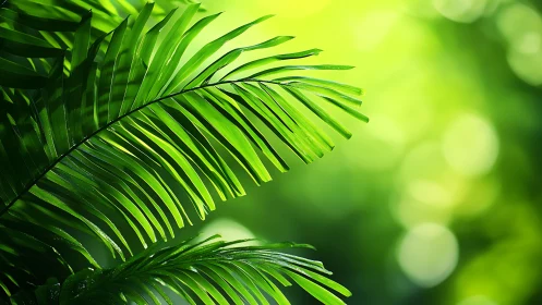 Emerald palm fronds whispering in sunlit jungle glow.