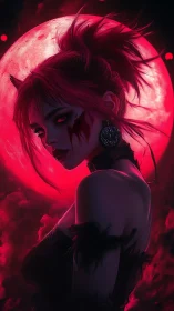 Blood-moon demoness gazes back through crimson stormlight.