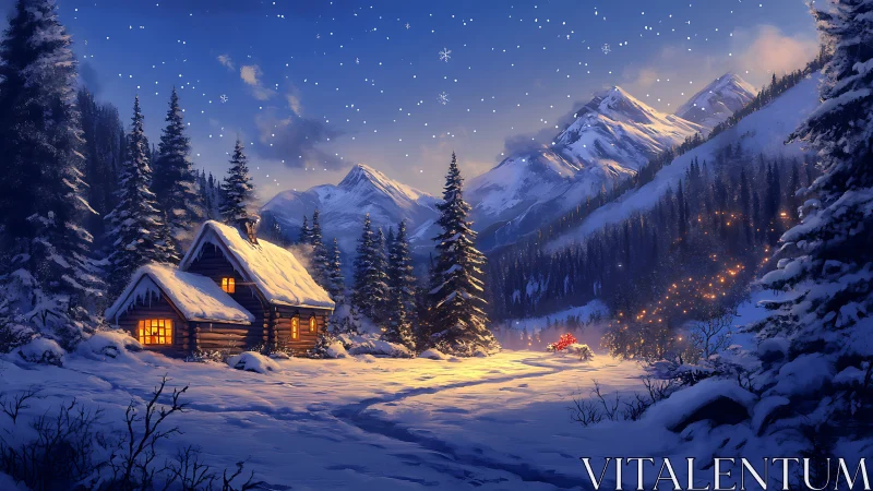 Snowlit alpine cabin rendered in warm cinematic digital painting
