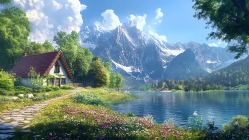 Cottage whispers as crystal lake mirrors grand snowy peaks