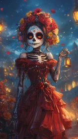 Digital painting of La Catrina in crimson floral procession.
