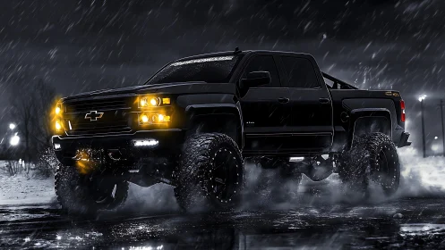 Lifted black pickup truck powers through night storm.