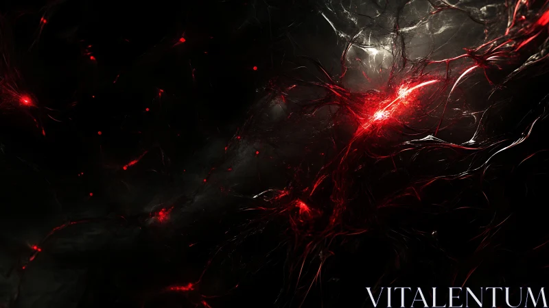 Red glowing filaments twist through dark abstract space