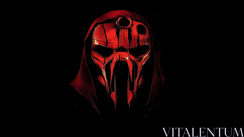Red hooded skeletal mask on black digital background.