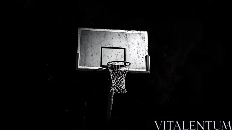 Outdoor basketball hoop glows under harsh night lighting