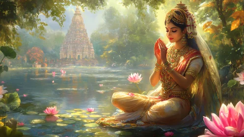 Woman in traditional attire meditates beside lotus pond