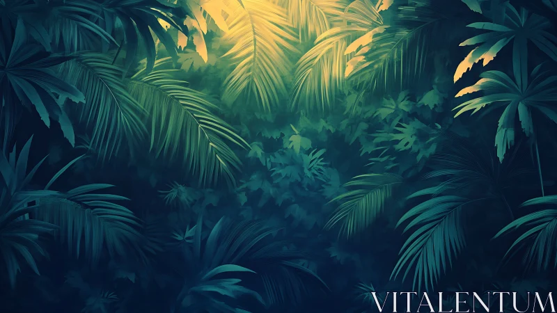 Layered jungle canopy rendering with golden sunlight filtering through palm fronds