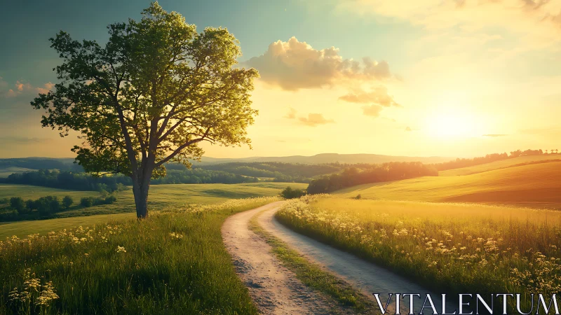 Gravel path curves through sunlit rural fields at sunset