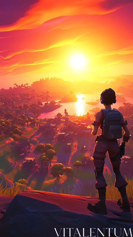 Sunset-lit stylized valley with lone backpacked figure overlooking.