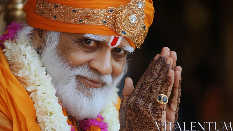 Photorealistic portrait of Hindu elder in ceremonial orange garb.