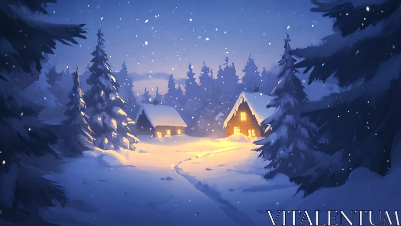 Cozy winter cabins glowing softly under a snowy night sky.