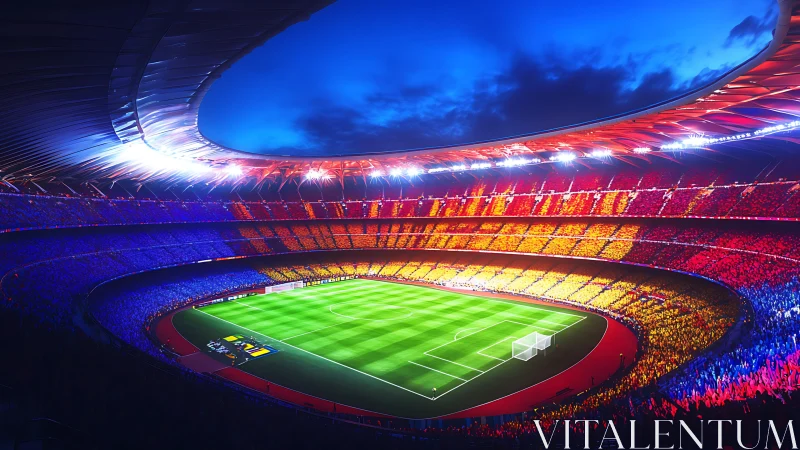 Night stadium panorama with vibrant red yellow blue crowd display.