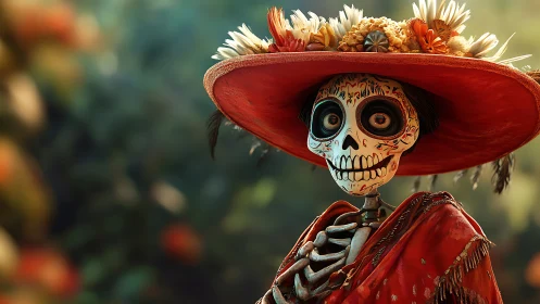Skeleton in floral hat wearing red shawl outdoors scene.