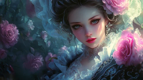 Portrait of a young woman in lace with surrounding roses.