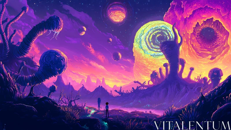 Neon alien landscape with bioluminescent sky vortices and figures